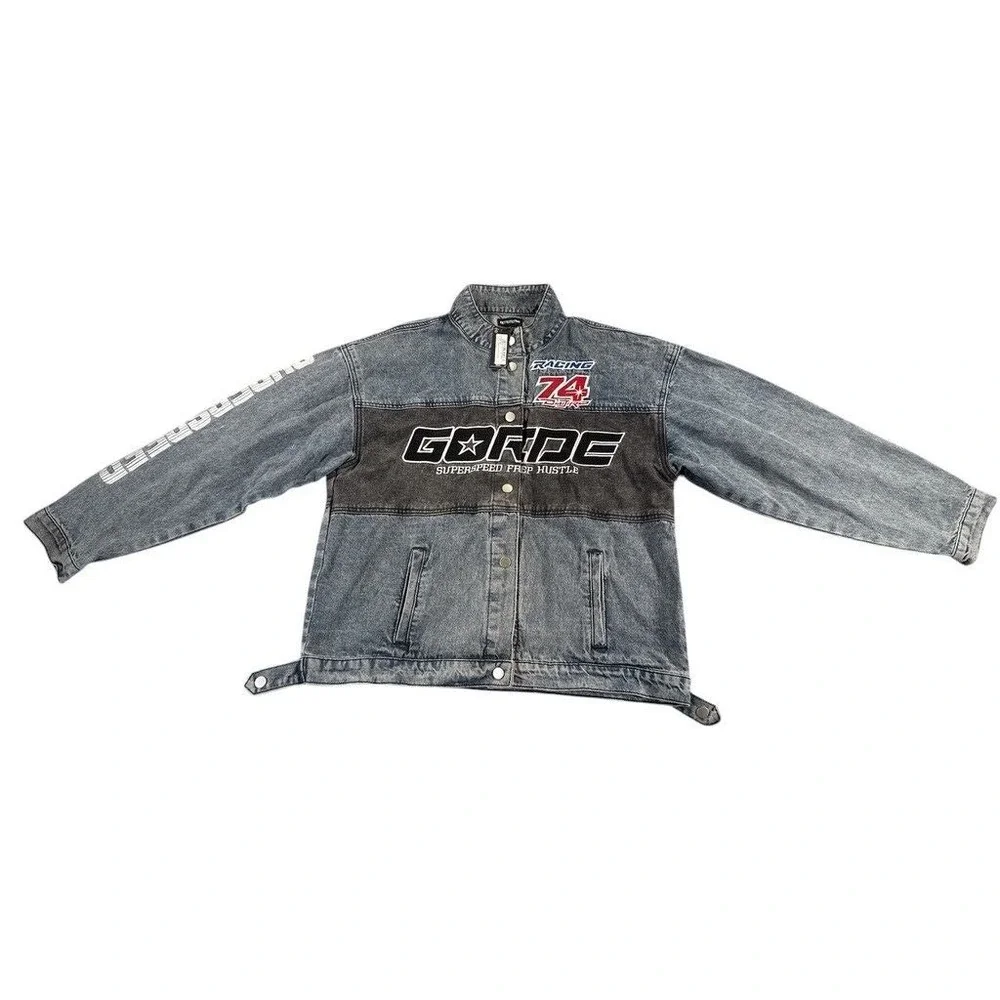 Pretty Little Thing Denim Jacket Womens 12 Blue Distressed Racing Button Up Logo